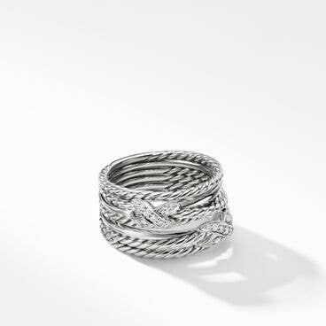 Double X Crossover Ring in Sterling Silver with Pavé Diamonds
