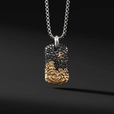 Waves Tag in Sterling Silver with Pavé Black Diamonds and 18K Yellow Gold