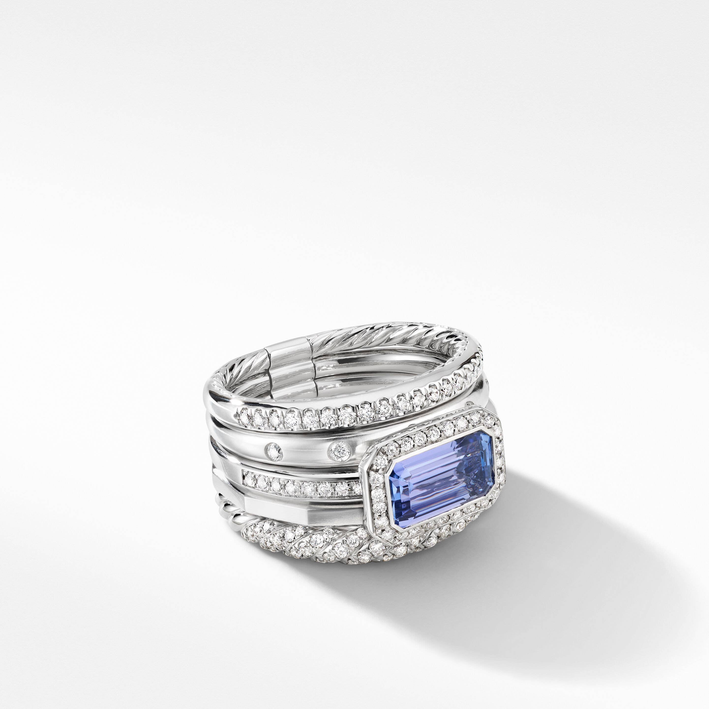Stax Five Row Ring in 18K White Gold with Tanzanite and Pavé Diamonds