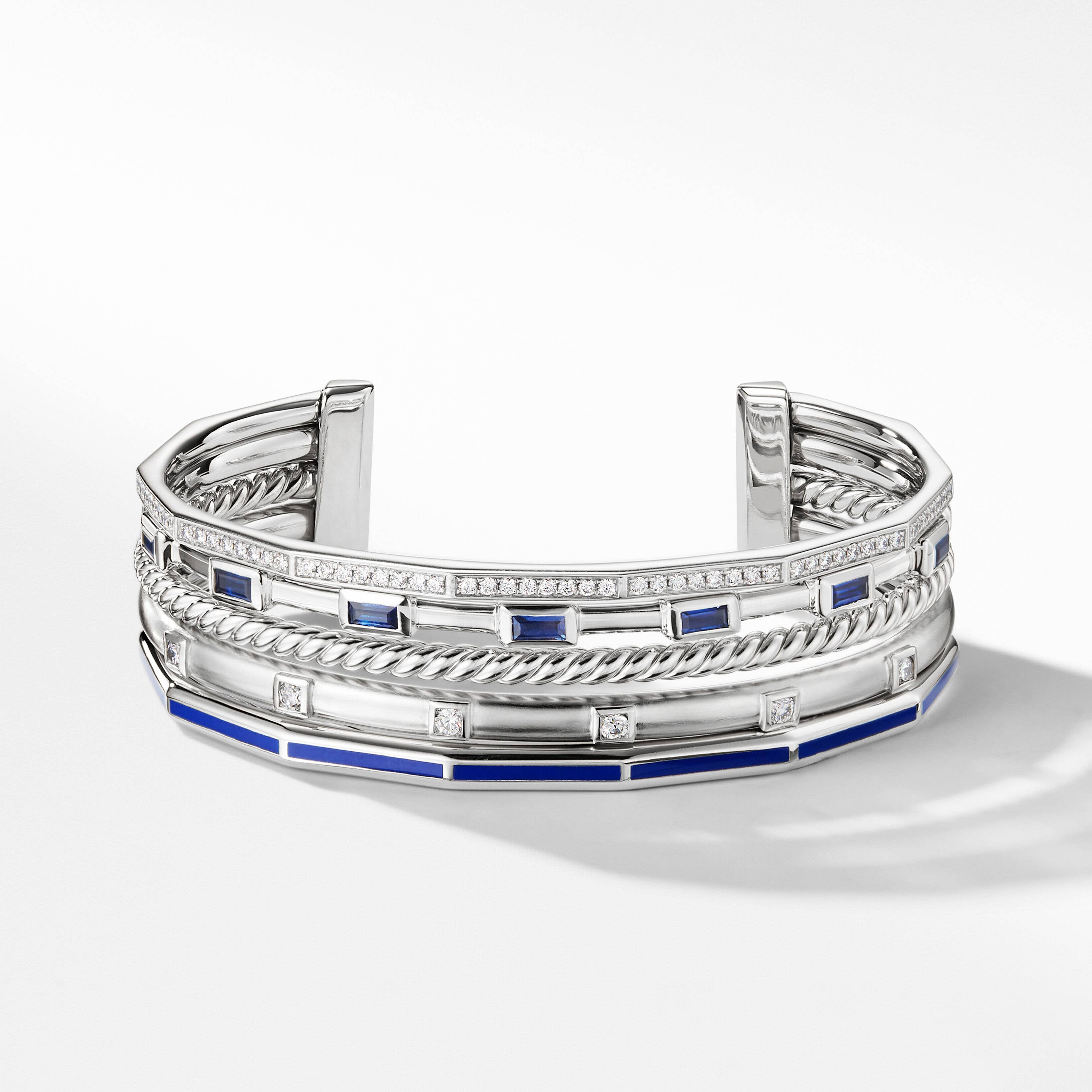 Stax Five Row Cuff Color Bracelet in 18K White Gold with Sapphires, Blue Enamel and Pavé Diamonds
