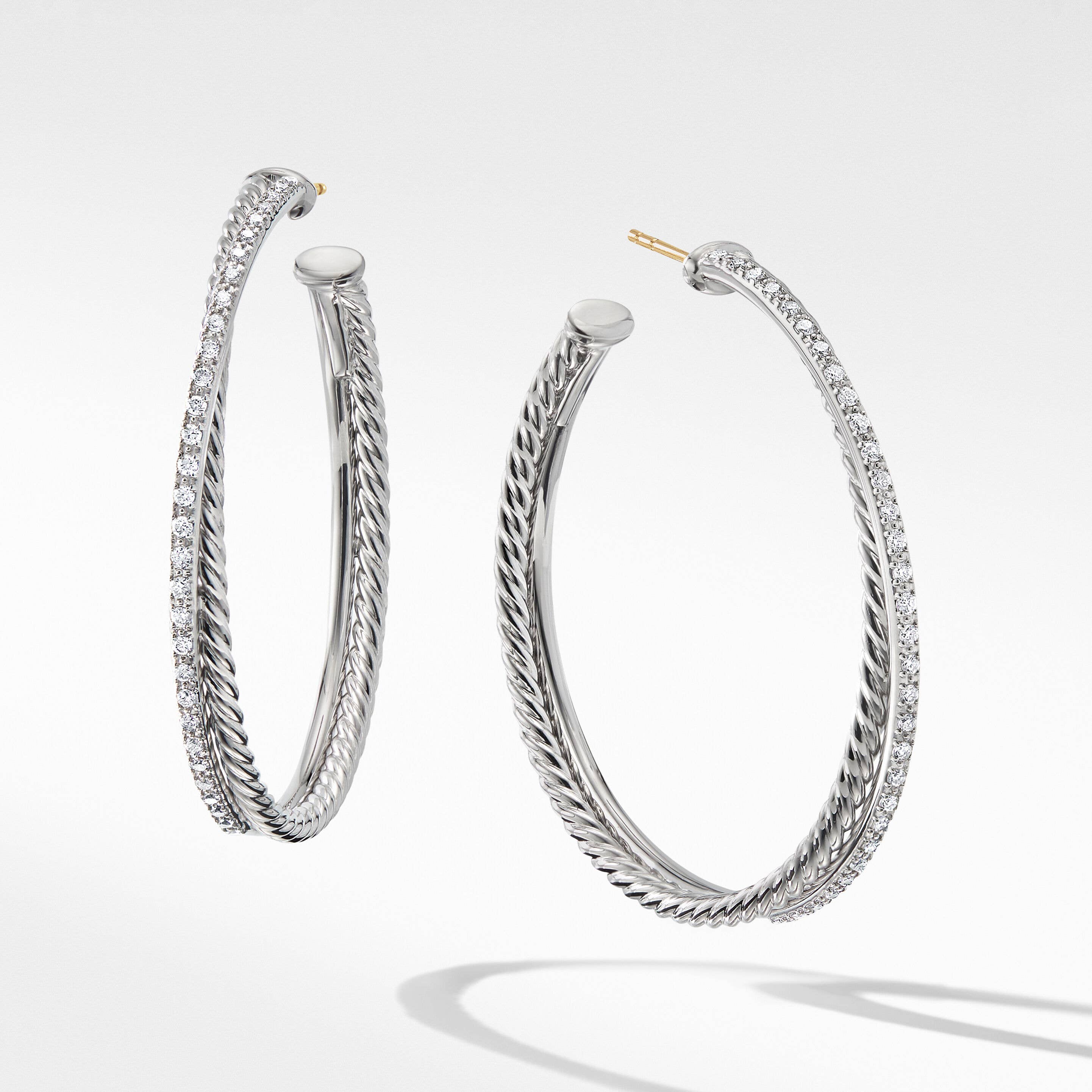 Crossover Hoop Earrings in Sterling Silver with Pavé Diamonds