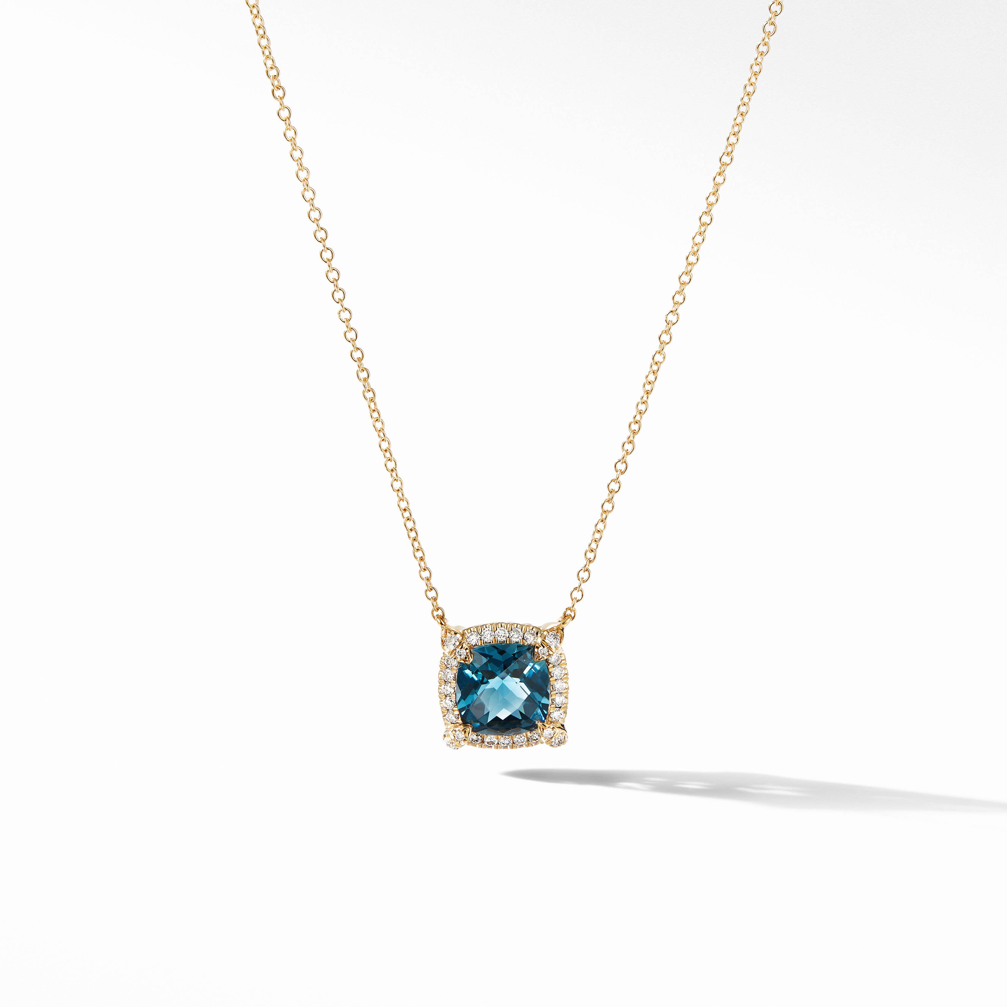 Petite Chatelaine® Pavé Bezel Pendant Necklace in 18K Yellow Gold with Hampton Blue Topaz and Diamonds