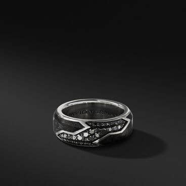Forged Carbon Beveled Band Ring in Sterling Silver with Pavé Black Diamonds