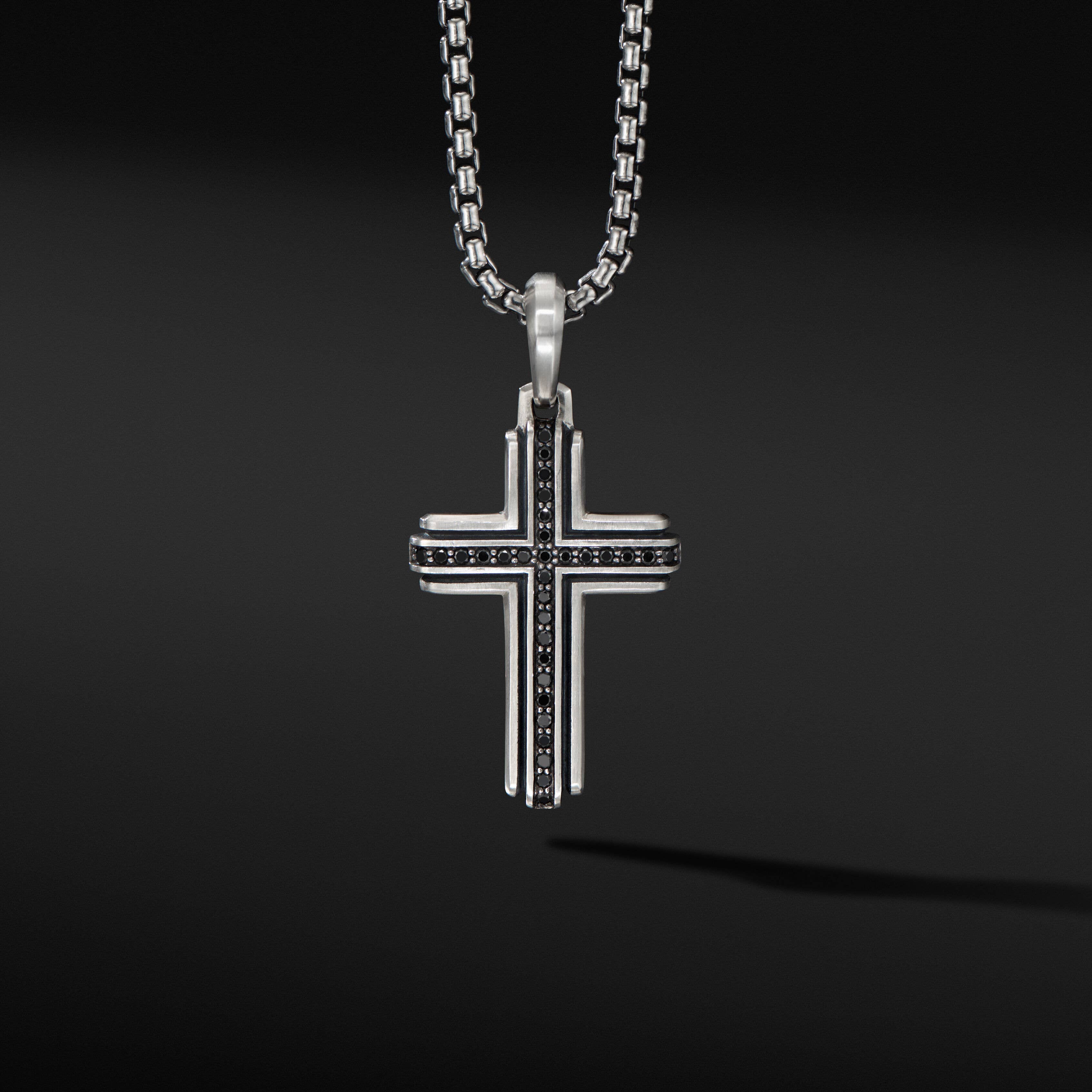 Deco Cross Pendant in Sterling Silver with Pavé Black Diamonds