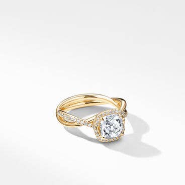 DY Infinity Half Pavé Halo Engagement Ring in 18K Yellow Gold, Cushion 
