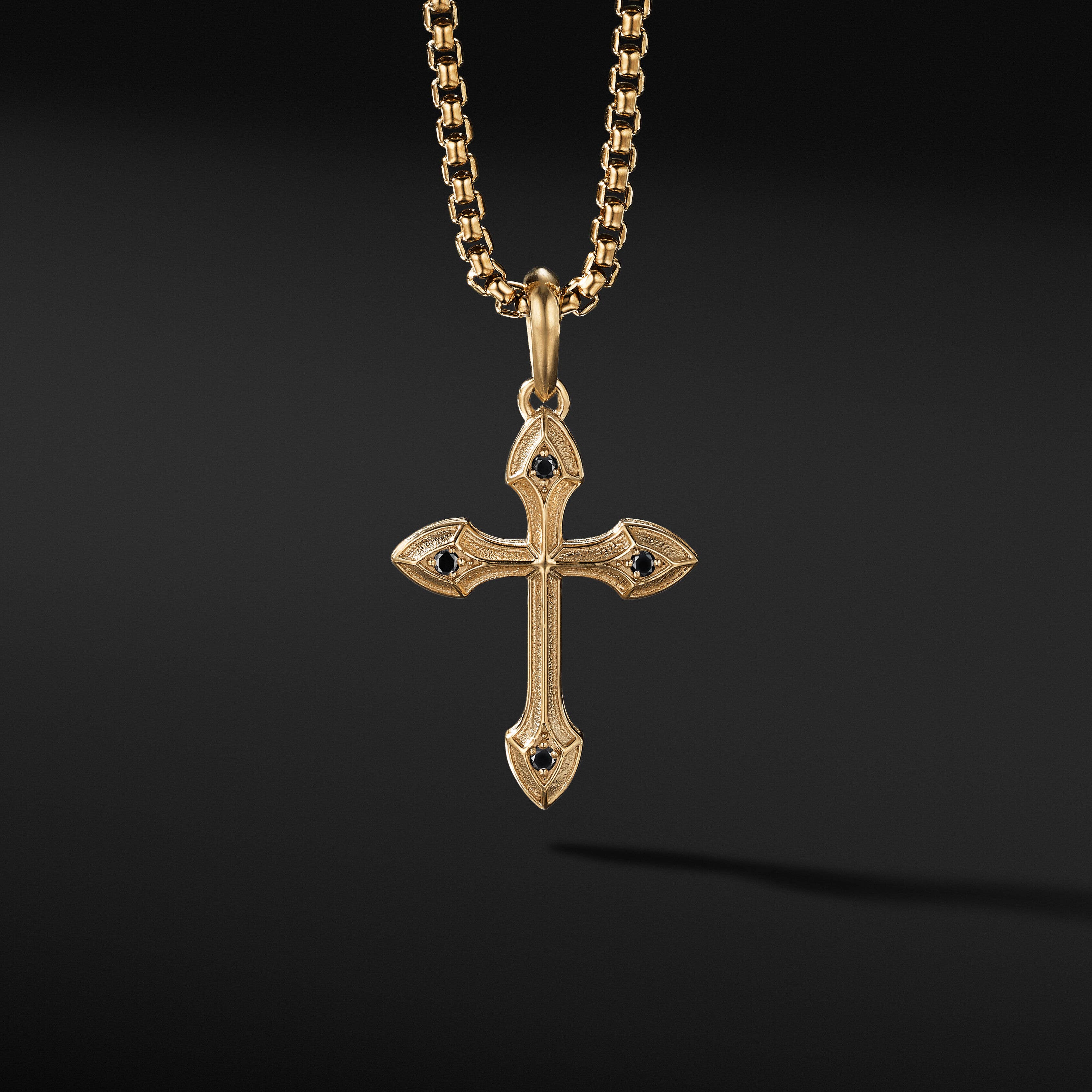 Gothic Cross Amulet in 18K Yellow Gold with Black Diamonds