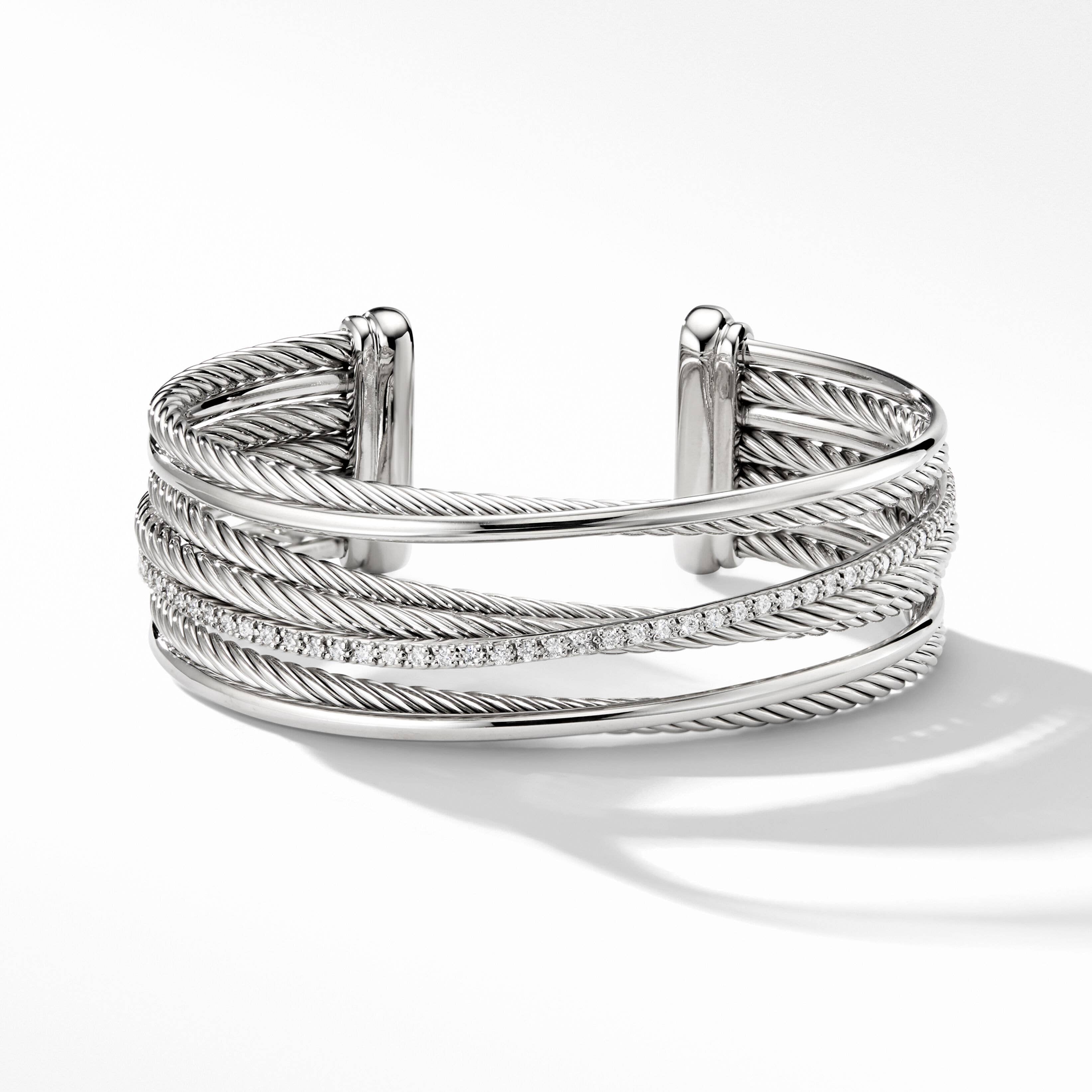Crossover Four Row Cuff Bracelet in Sterling Silver with Pavé Diamonds