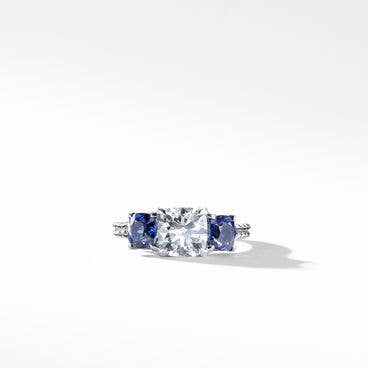 DY Three Stone Engagement Ring in Platinum with Blue Sapphires, Cushion