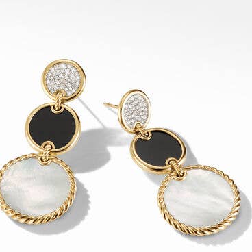 DY Elements® Triple Drop Earrings in 18K Yellow Gold with Mother of Pearl, Black Onyx and Pavé Diamonds