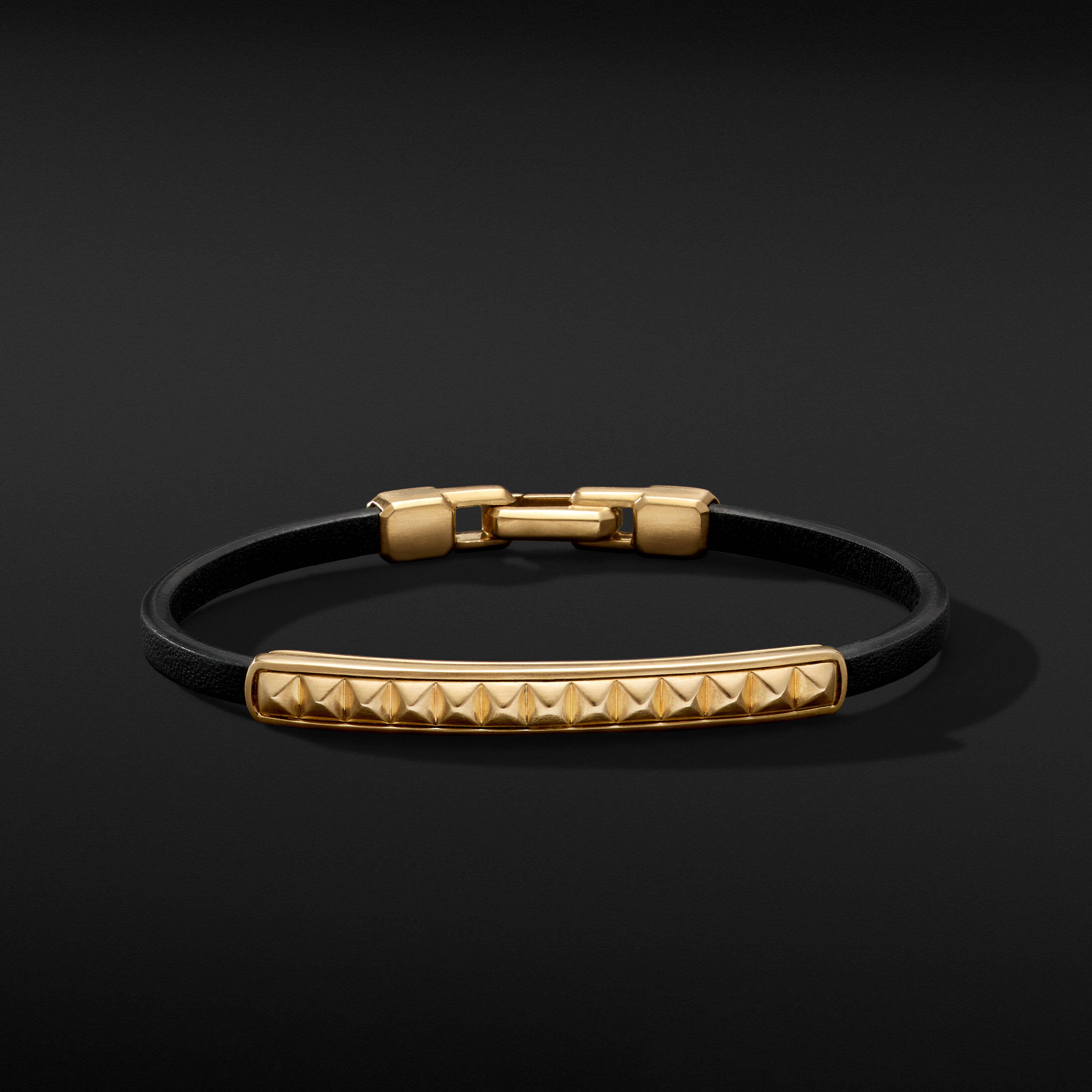 Pyramid ID Black Leather Bracelet with 18K Yellow Gold