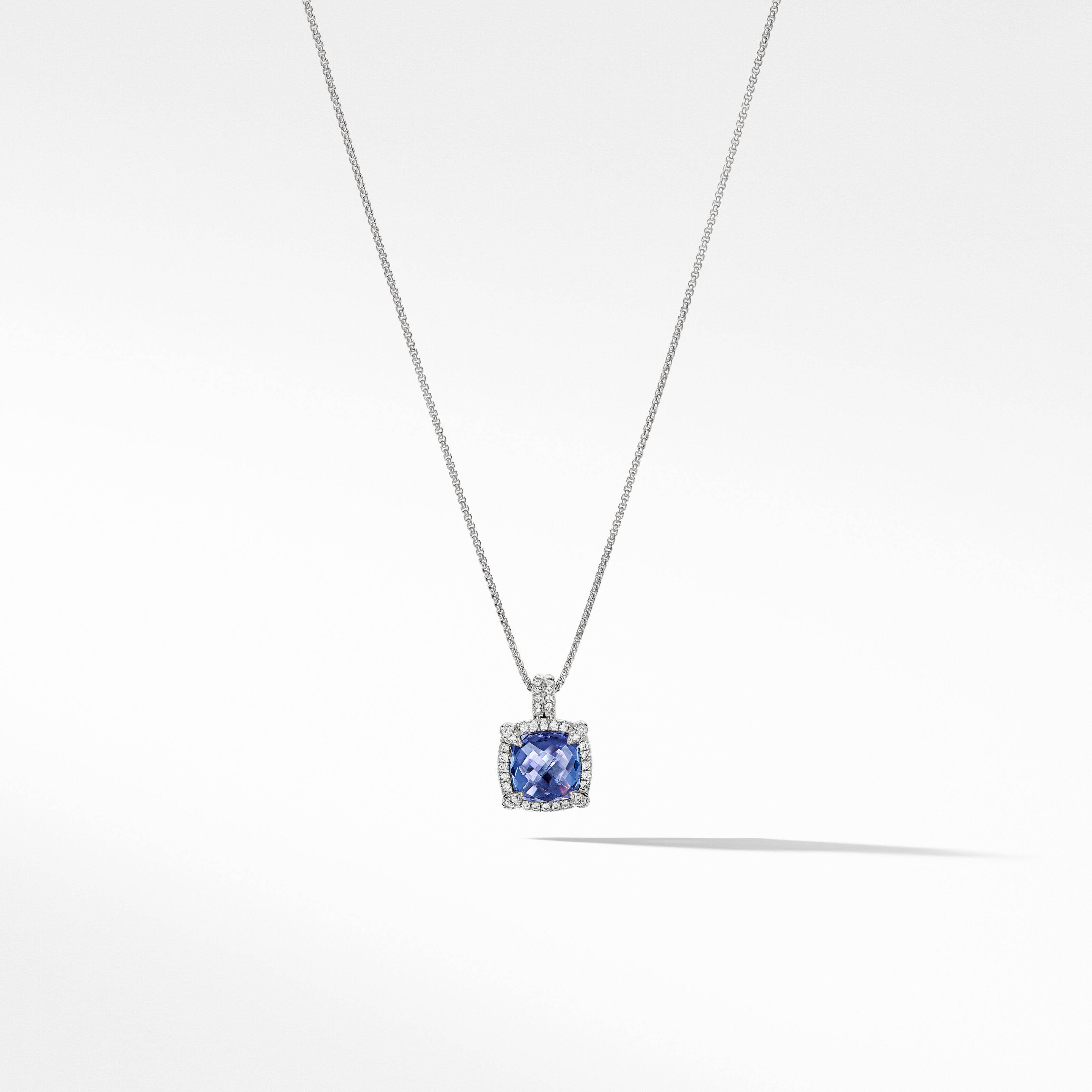Chatelaine® Pavé Bezel Pendant Necklace in 18K White Gold with Tanzanite and Diamonds