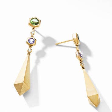 Modern Renaissance Stone Drop Earrings in 18K Yellow Gold with Green Tourmaline and Tanzanite