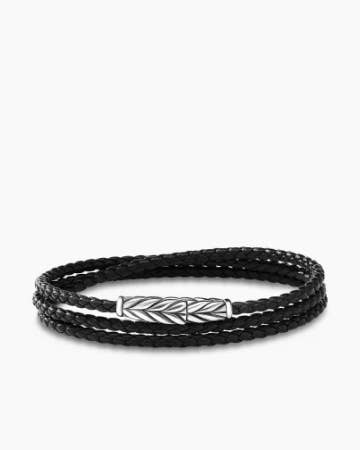 Bracelet Chevron à trois tours en cuir noir avec argent massif, 3 mm