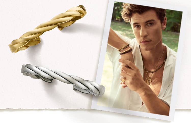 Image of Shawn Mendes, with a gold and silver cable bracelet.