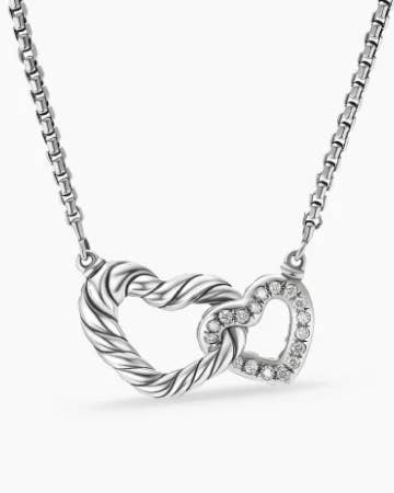 Cable Collectables® Interlocking Heart Necklace in Sterling Silver with Diamonds, 16.4mm