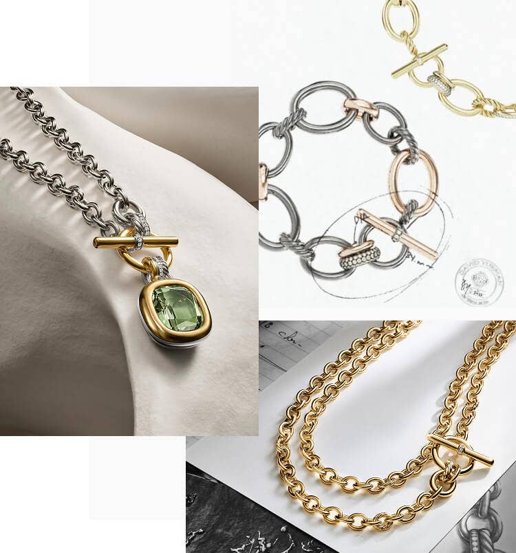 Collage of images featuring DY Mercer jewelry.