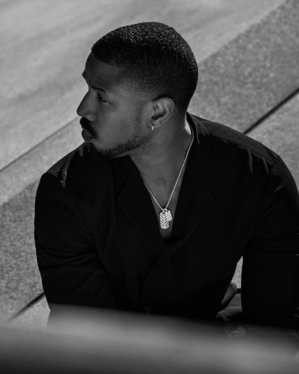 Michael B. Jordan posing in David Yurman's Chevron campaign.