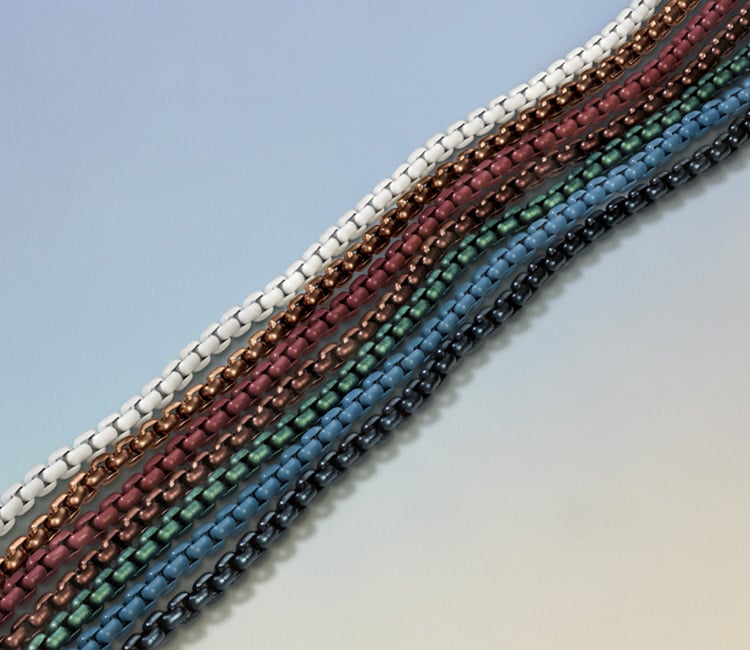 An image of 7 colorful bel aire chain necklaces.
