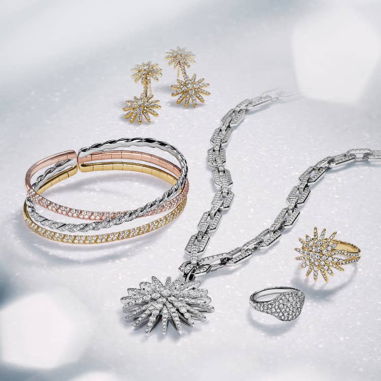 An image of David Yurman pavé bracelets, necklace, rings, and earrings.