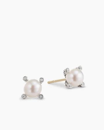 Pearl Stud Earrings in Sterling Silver with Pearls and Diamonds, 7.4mm 