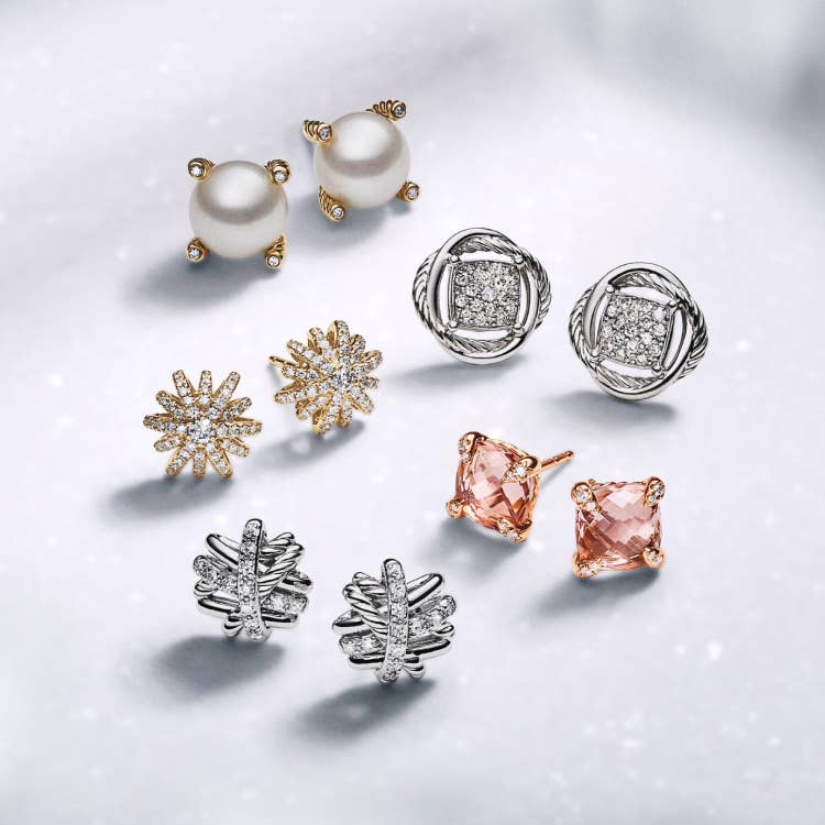 An image of five pairs of David Yurman earrings.