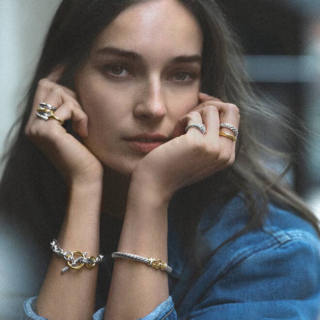 Model wearing David Yurman jewelry.