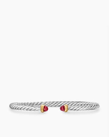 Cable Flex Bracelet in Sterling Silver with 14K Yellow Gold and Rhodolite Garnet, 4mm