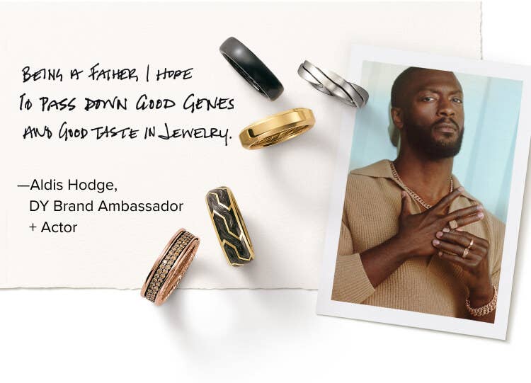 An image of Aldis Hodge and 5 band rings and a quote from him.