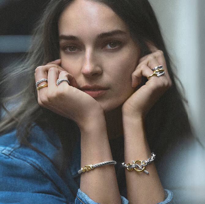 Model Wearing David Yurman Mixed Metal Jewelry