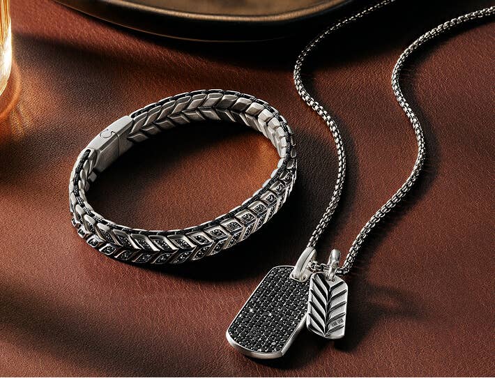 David Yurman Chevron bracelet and tags in sterling silver.