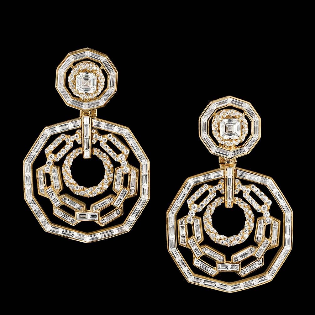 Stax Round Drop Earrings in Yellow Gold with Diamonds