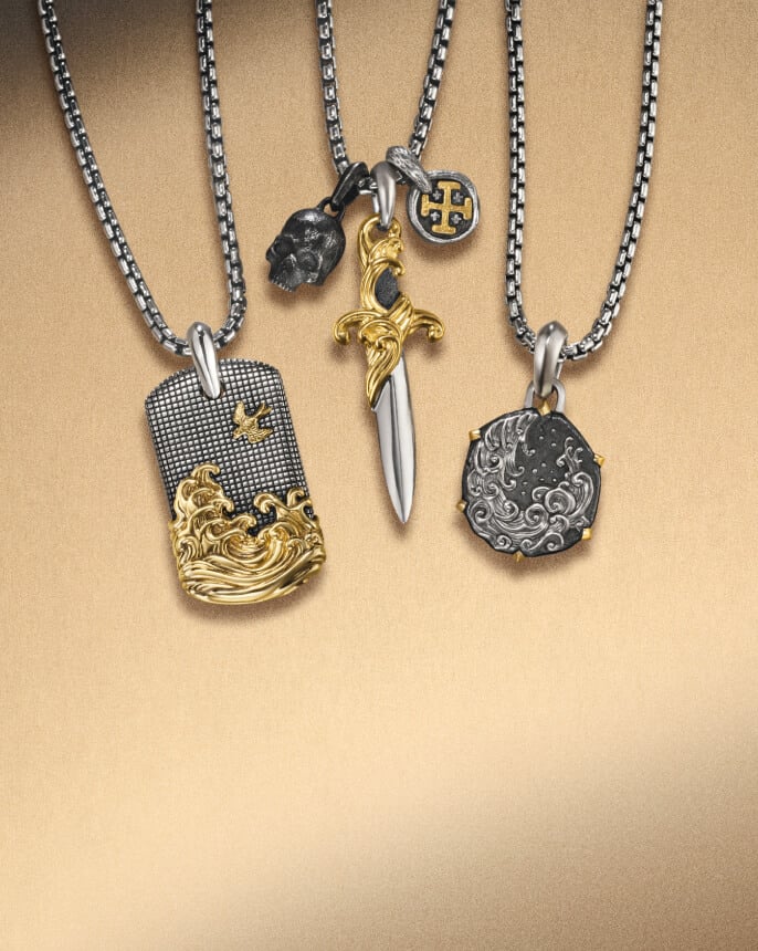 David Yurman amulets and chains for men.