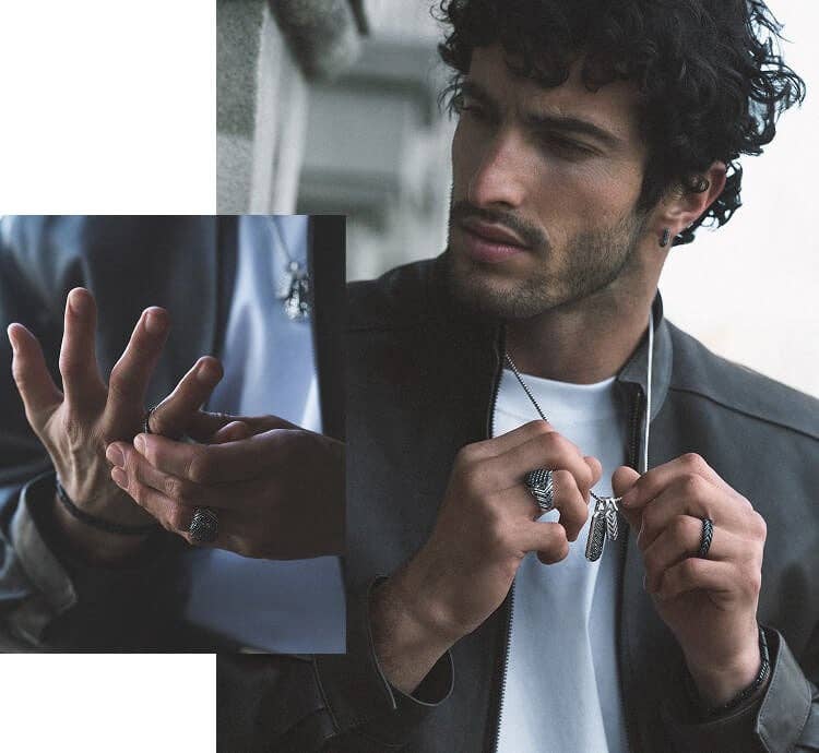 Collage of a model wearing David Yurman jewelry.