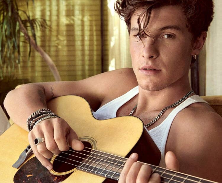 An image of Shawn Mendes playing a guitar wear a David Yurman Curb Chain.