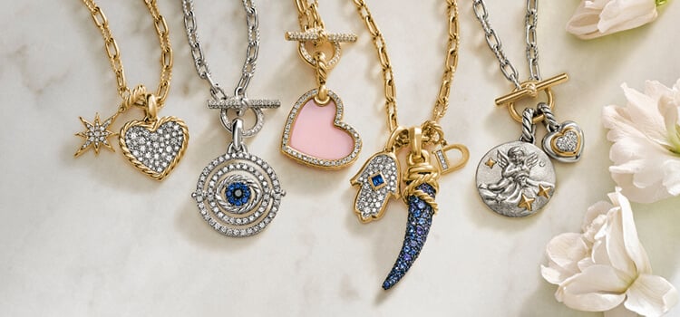 David Yurman charms and amulets on chains for women.