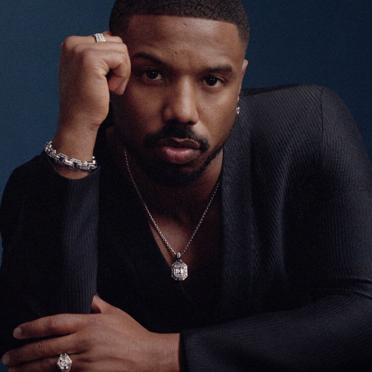 An image of Michael B Jordan wearing David Yurman jewellery.