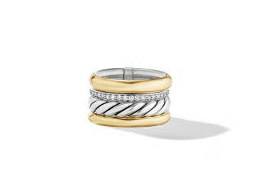 Shop DY Mercer multi stack ring  in sterling silver and gold with diamonds.