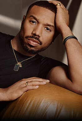 Michael B. Jordan posing in David Yurman Chevron jewelry.