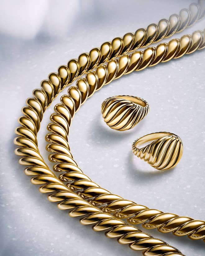 David Yurman Sculpted Cable chains and rings.