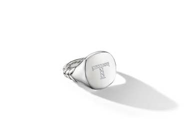 Shop DY T initial pinky ring in sterling silver and diamonds.