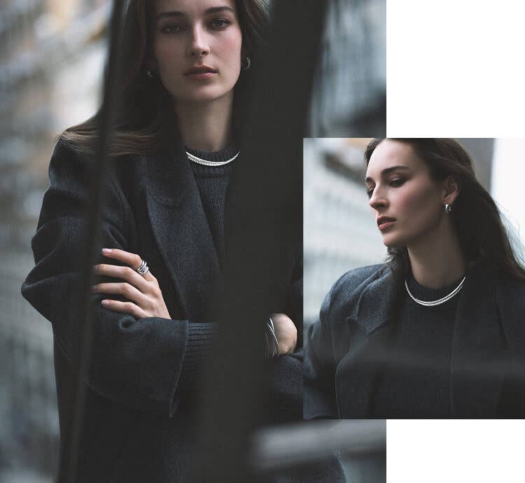 Collage of a female model wearing David Yurman Crossover jewelry.