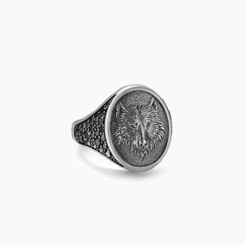 Petrvs® Wolf Signet Ring in Sterling Silver with Black Diamonds, 21.5mm 