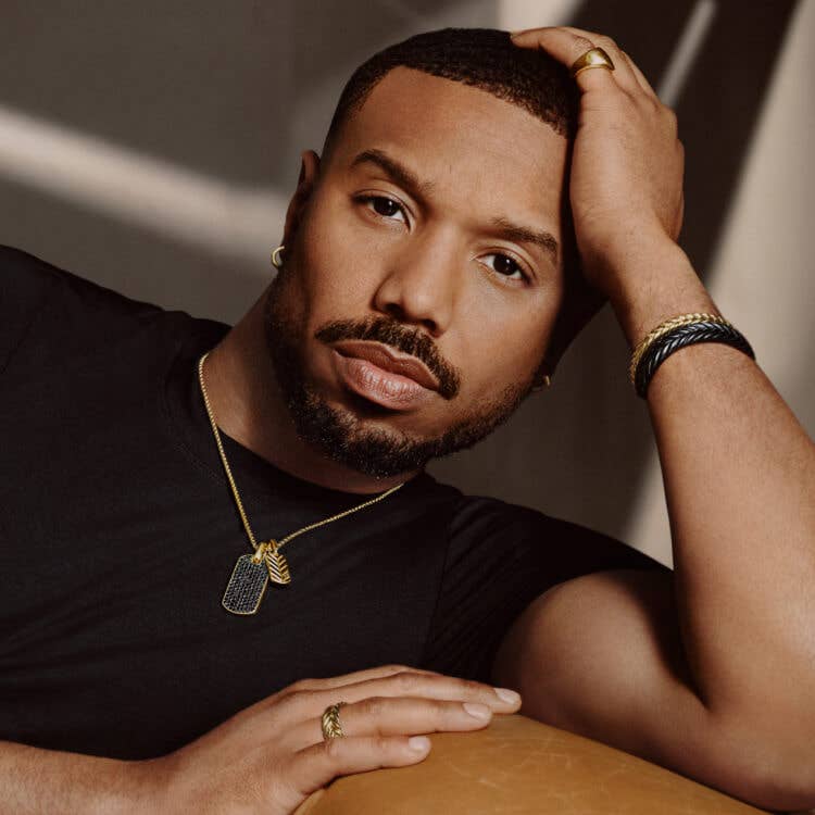 Michael B. Jordan posing in David Yurman Chevron jewelry.