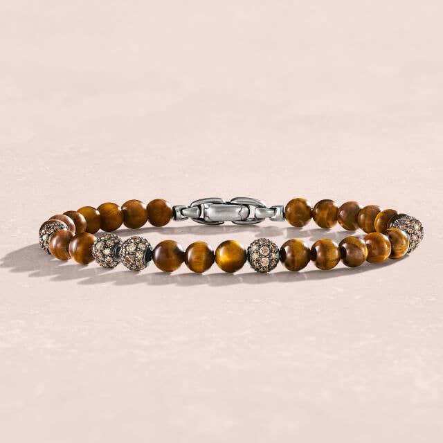 Spiritual Beads Bracelet in Sterling Silver with Tiger's Eye and Pavé Cognac Diamonds