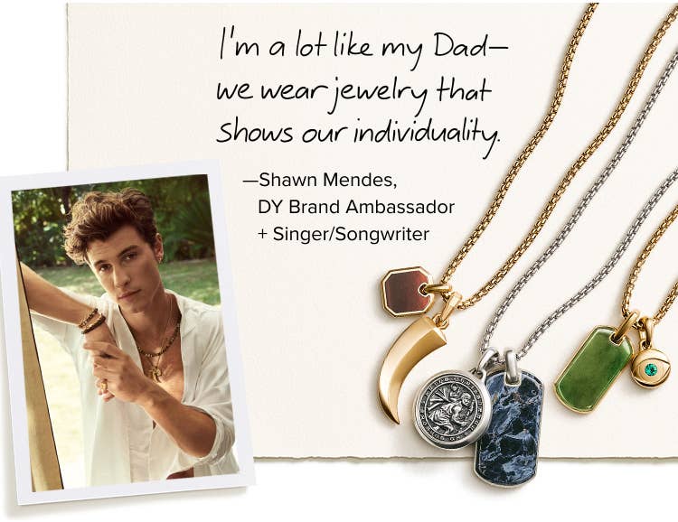 An image of Shawn Mendes and 6 amulets on a chain necklace with a quote from him.