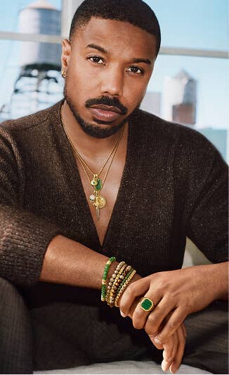 Michael B Jordan wearing David Yurman Amulets and Spiritual Beads.