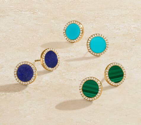 Three pairs of David Yurman Elements Stud Earrings. One with turquise stones, one with lapis stones and one with malachite stones wrapped with a pavé diamonds.