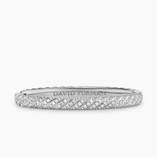 Sculpted Cable Bangle Bracelet in 18K White Gold with Diamonds, 6.2mm