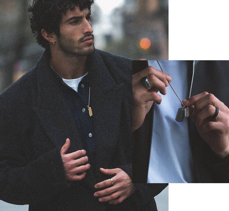 Collage of a male model wearing David Yurman Chevron jewelry.