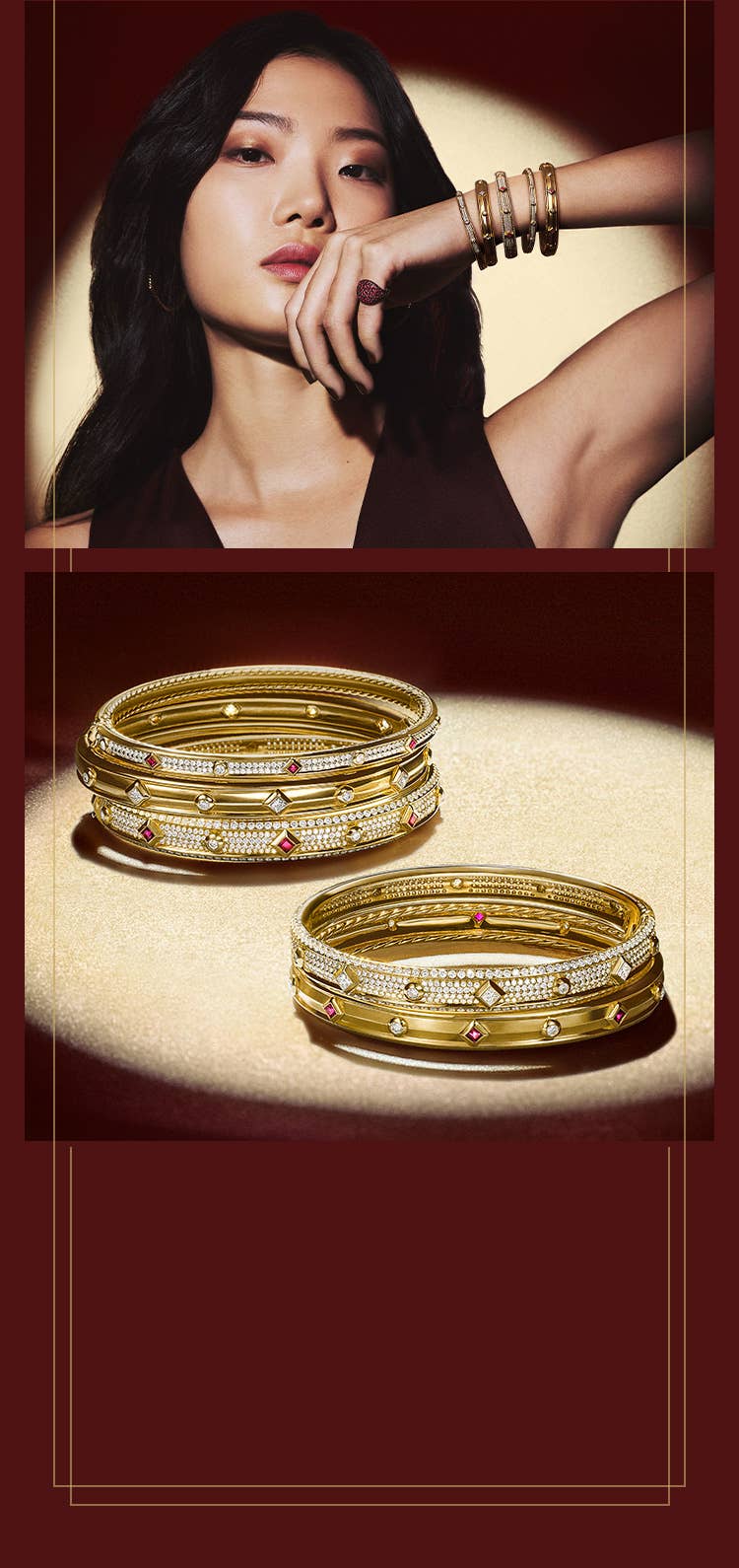 An image of gold modern renaissance bracelets and a female model wearing them with a ruby pinky ring.